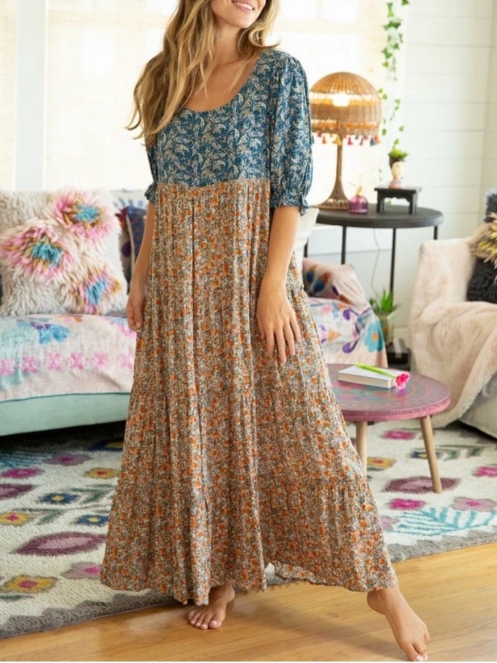 Natural Life Flowy Boho Mixed Print Floral Paisley Tiered Maxi Dress Size Large